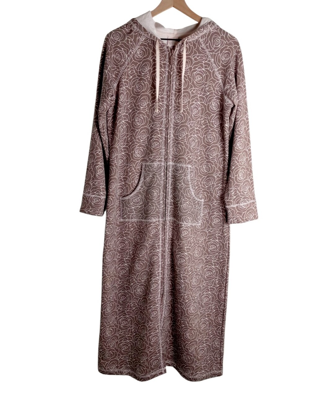 Cabernet Leisure Long Sleeve Hooded Floral Maxi Robe in Mauve Size Medium